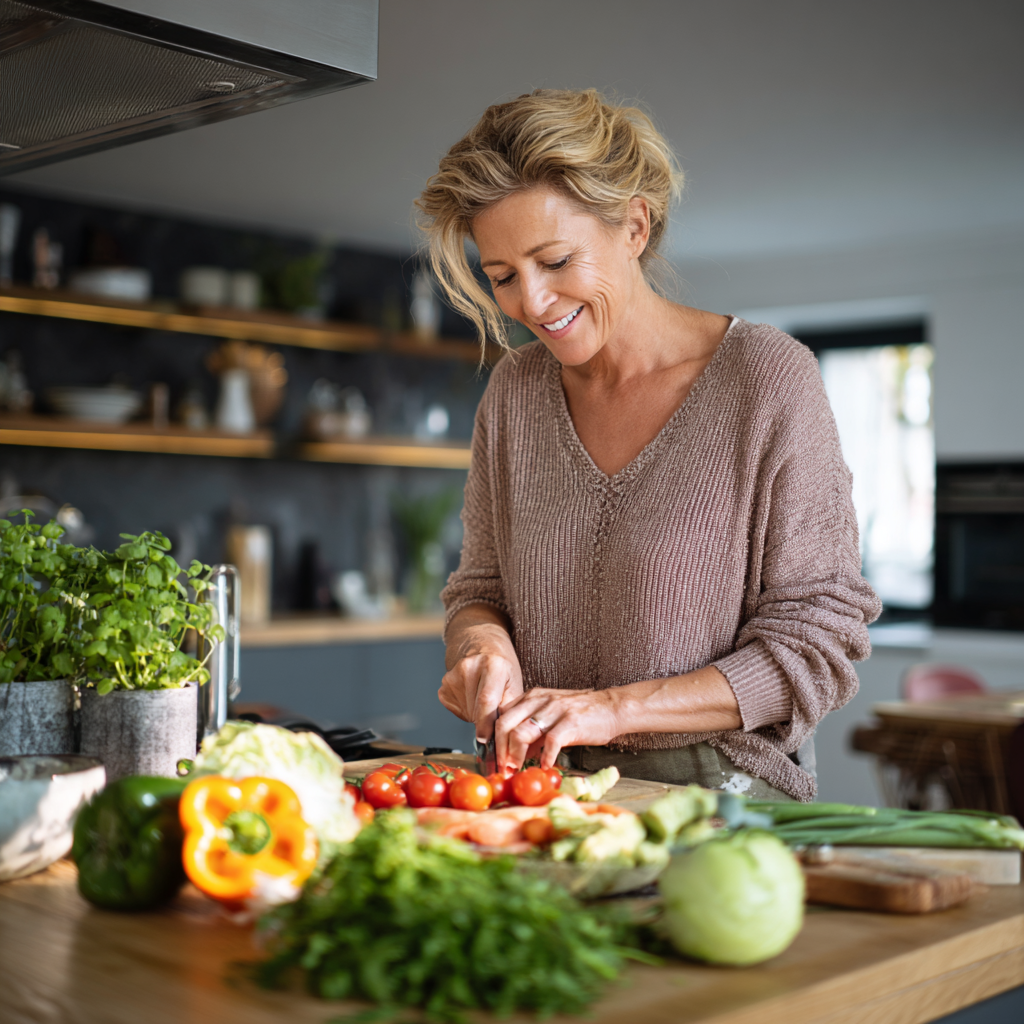 50 years old woman preparing healthy meal with fresh vegetables in modern kitchen