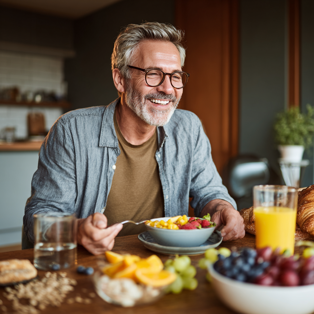 51 years old man enjoying healthy breakfast with fruits and whole grains at dining table