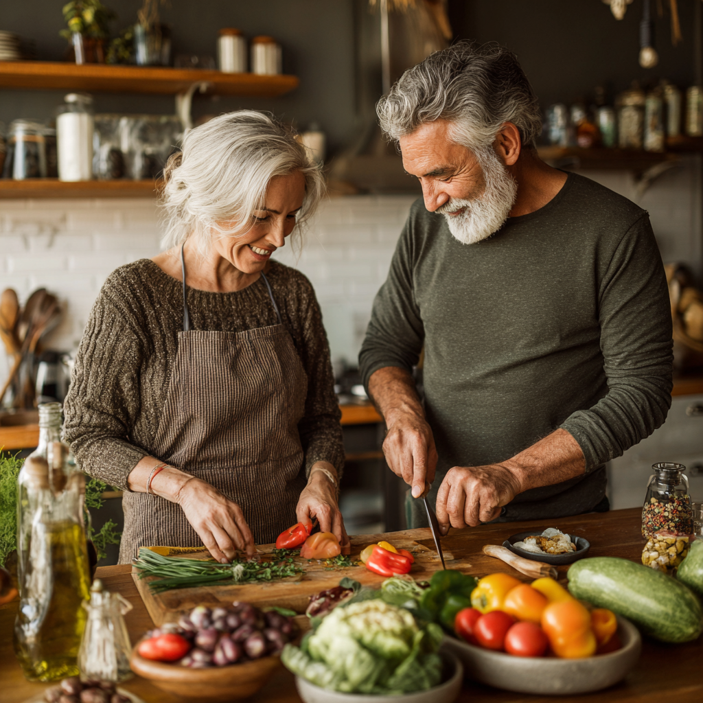 52 years old woman and man cooking together with fresh ingredients in bright kitchen
